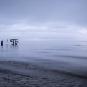 dock, ocean, sunrise, foggy morning, beach, landscape photography